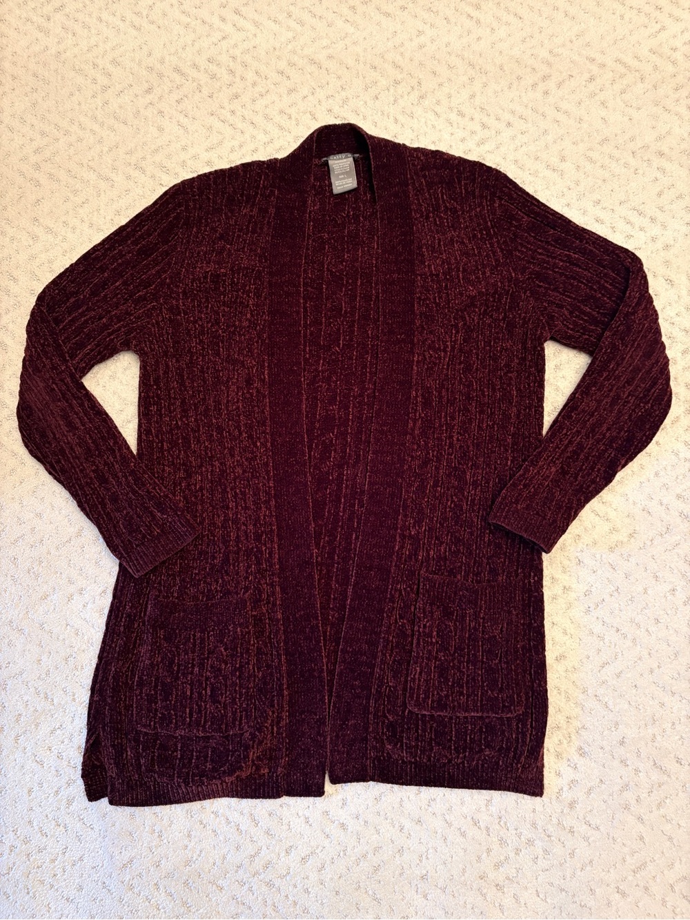 Matty M Chenille Open Front Cardigan Sweater Size L Pockets Dark Purple Cozy